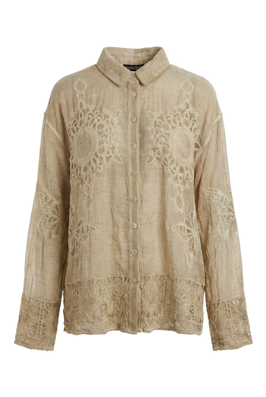 Camicia in Cotone con Ricami Intagliati e Dettagli Crochet