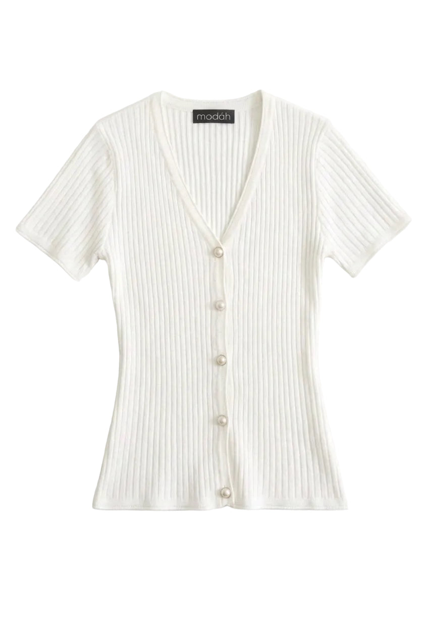 Cardigan a Costine con Scollo a V e Bottoni Perla