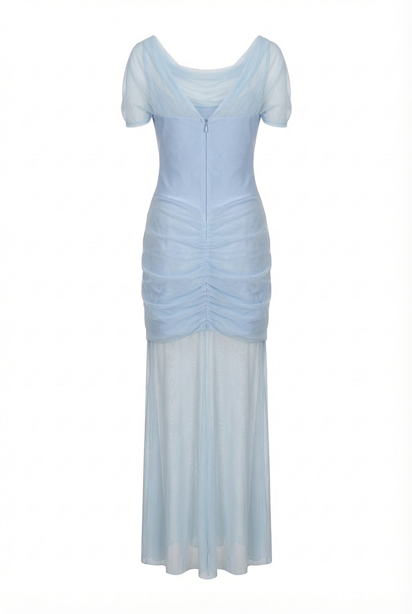 Abito in Tulle Drappeggiato con Spalle Velate