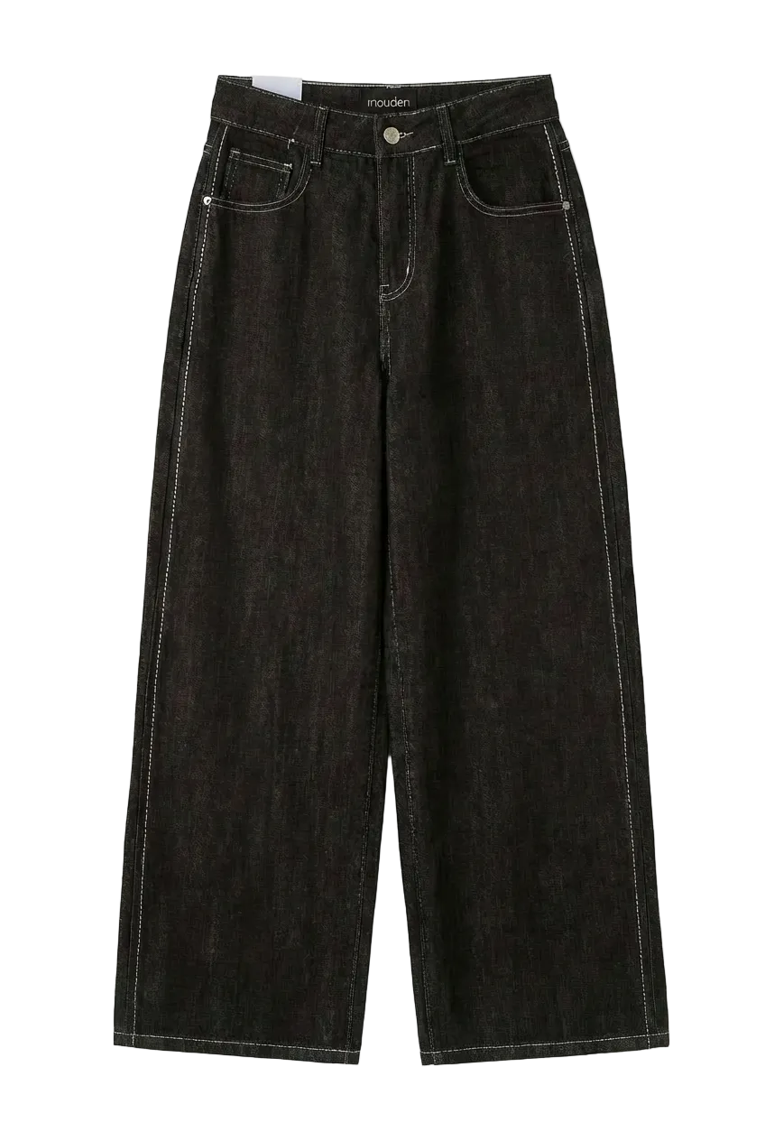 Jeans Wide-Leg Marroni con Cuciture a Contrasto