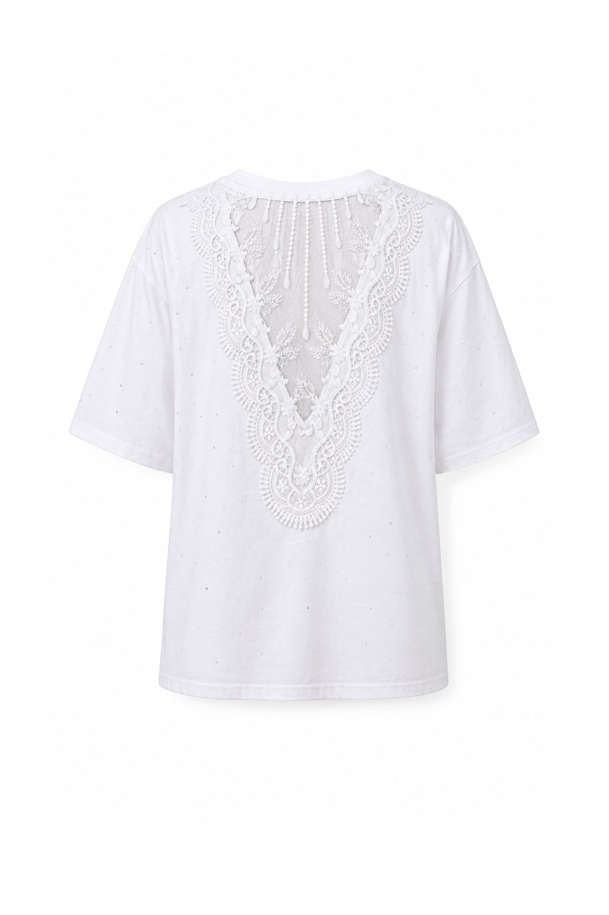 T-Shirt Bianca con Strass e Retro in Pizzo