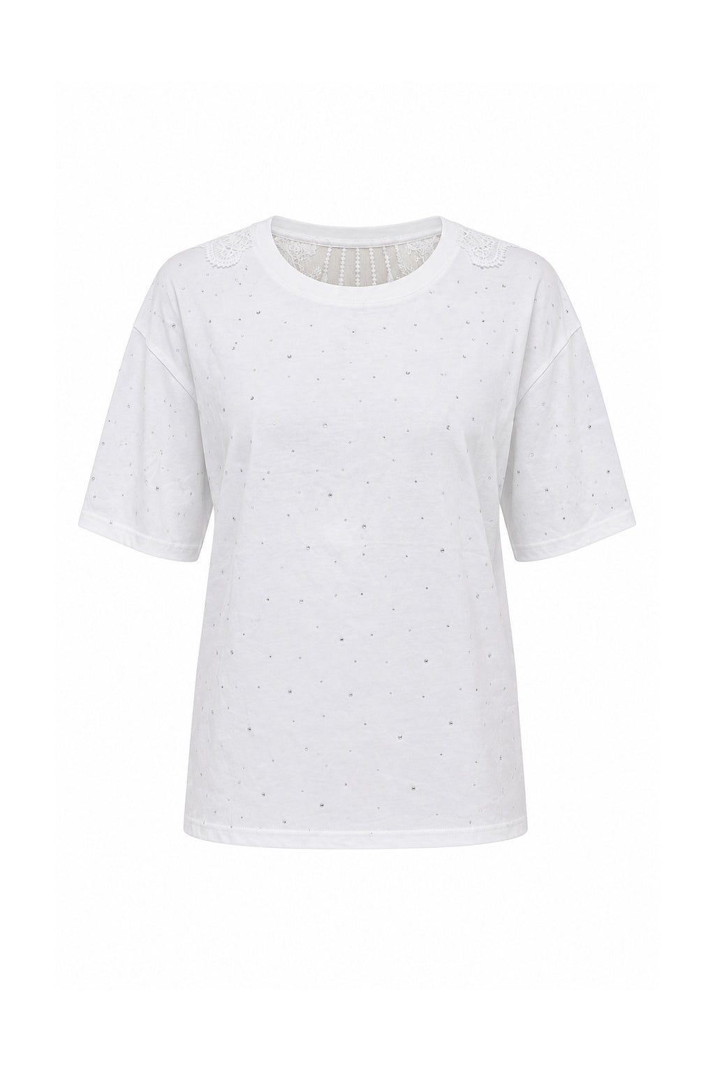 T-Shirt Bianca con Strass e Retro in Pizzo