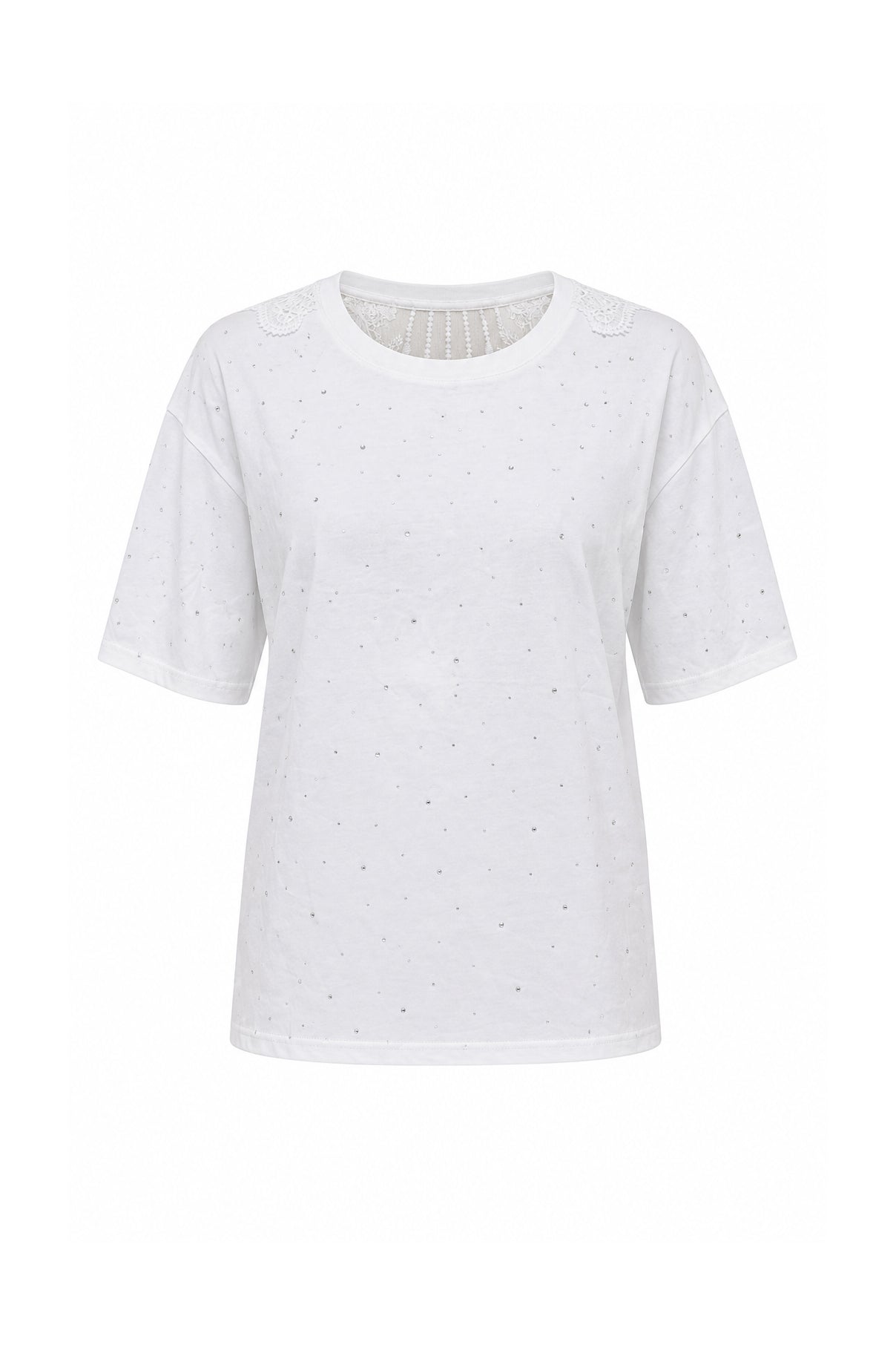 T-Shirt Bianca con Strass e Retro in Pizzo