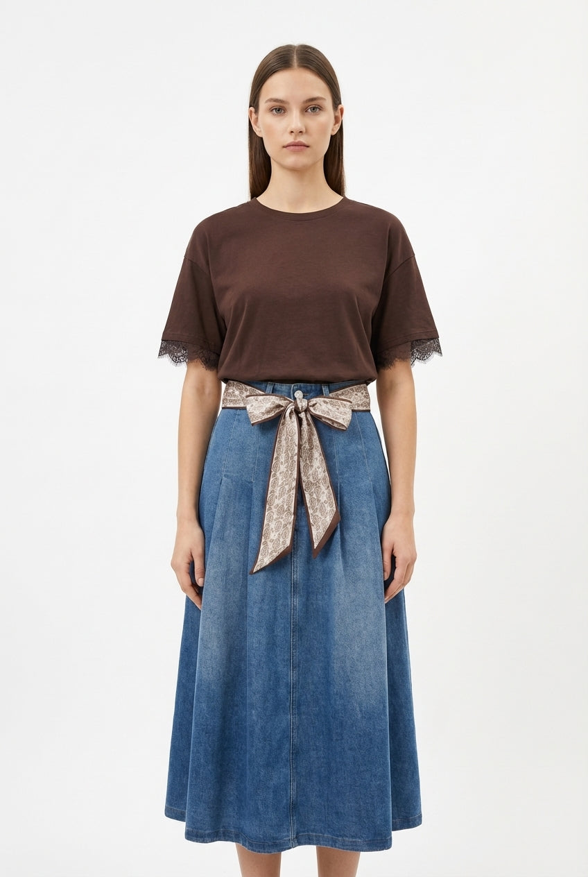 Gonna Midi in Denim a Ruota con Cintura Foulard Paisley