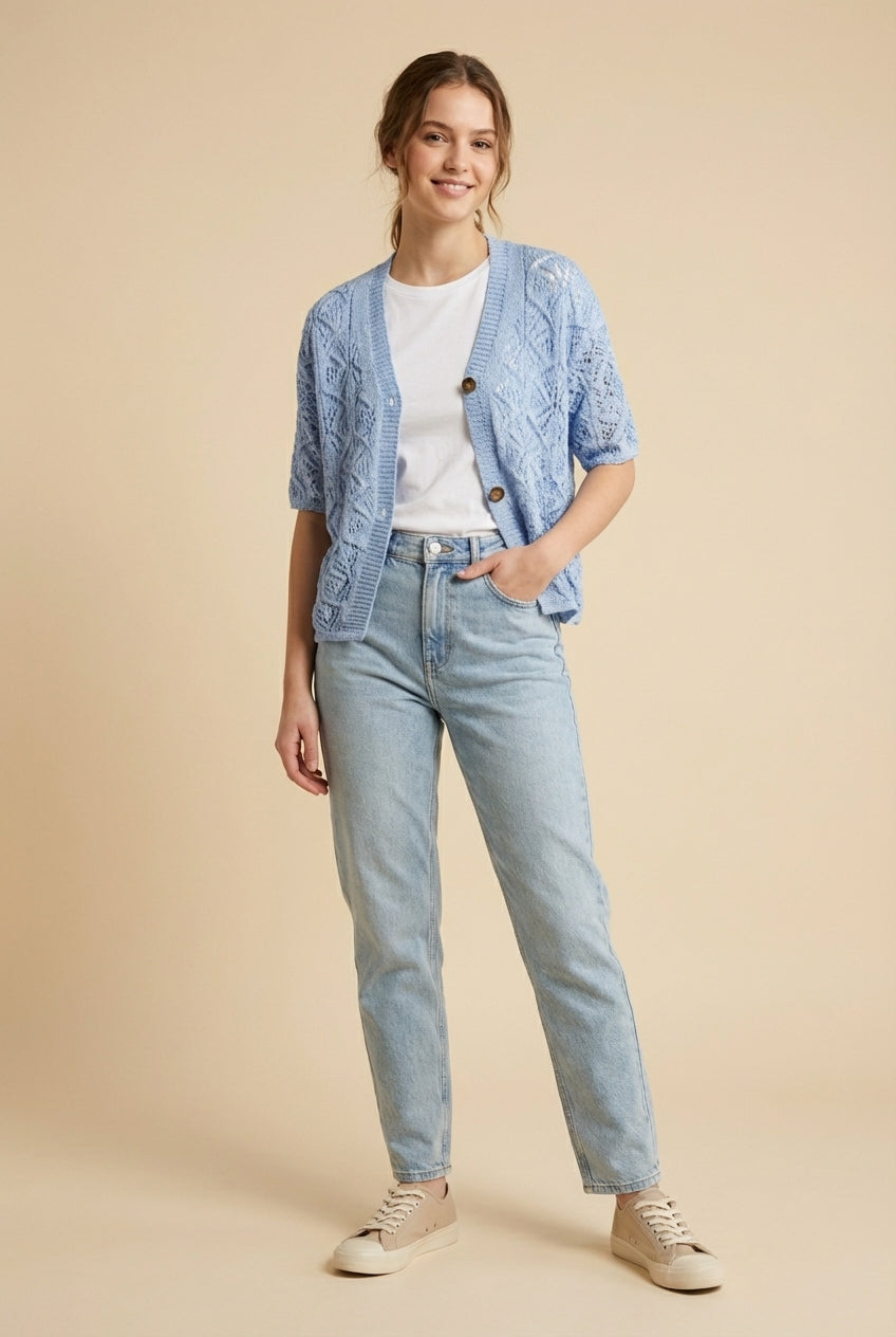 Cardigan Traforato a Maniche Corte