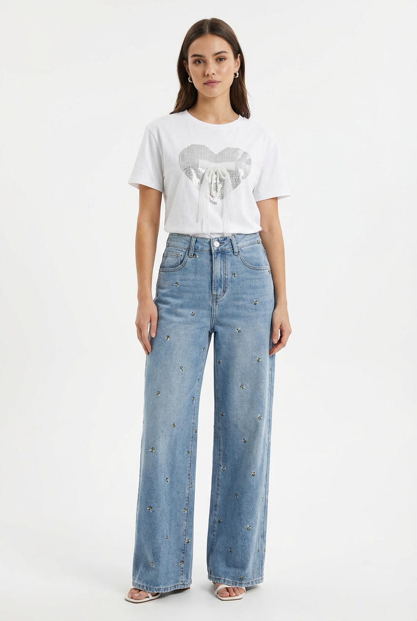 Jeans Larghi con Ape Ricamati