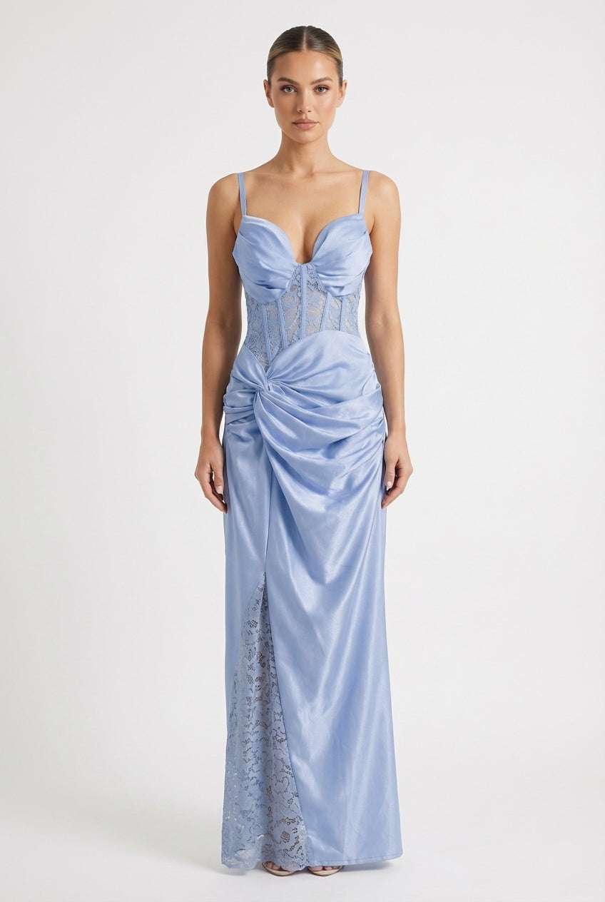 Abito in Raso con Corsetto in Pizzo