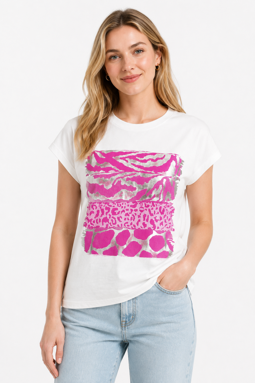T-shirt con Mix di Stampe Animalier e Foil Argento