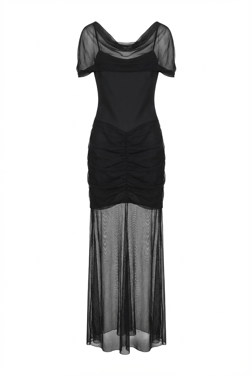 Abito in Tulle Drappeggiato con Spalle Velate