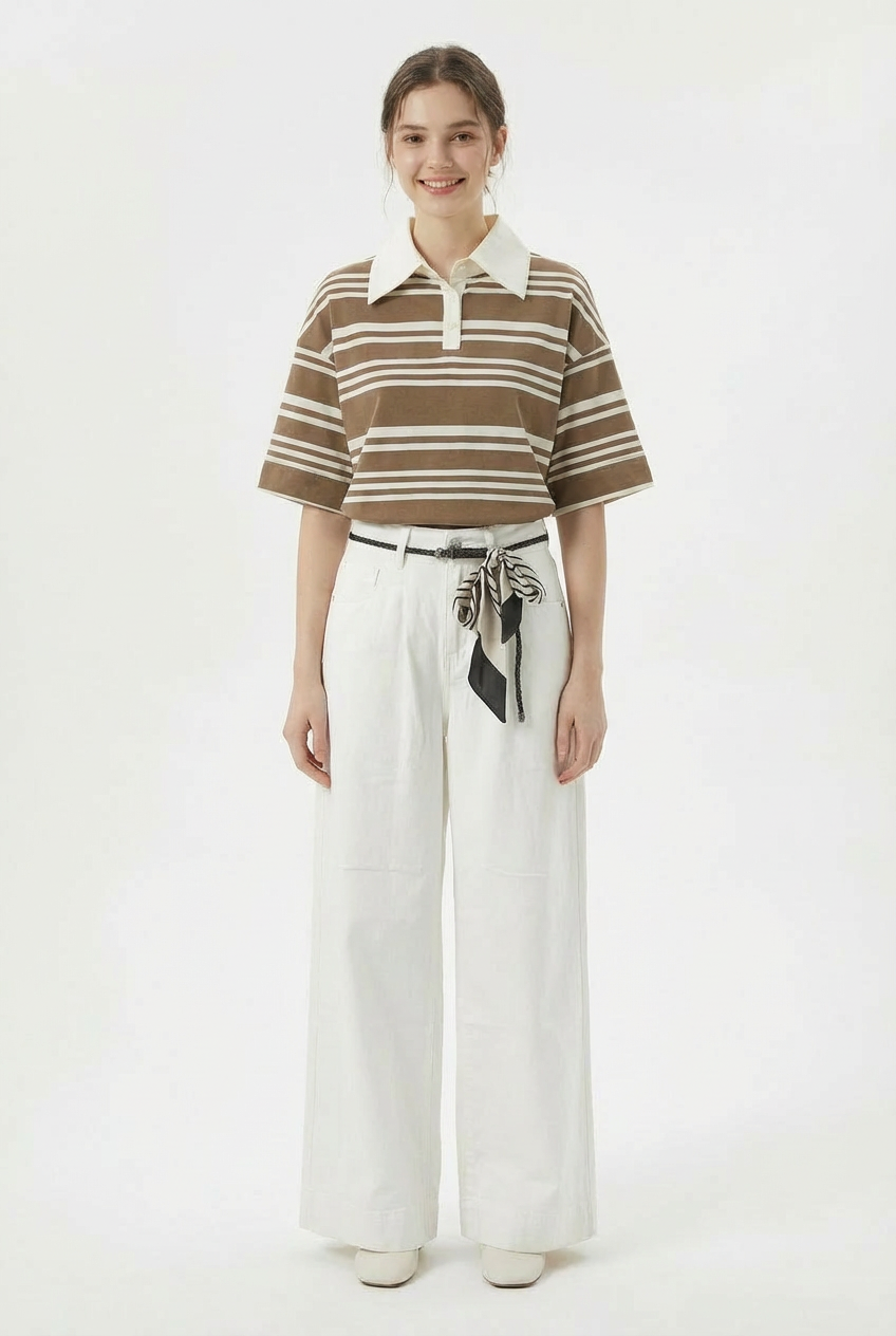 Jeans Bianchi Larghi con Cintura e Foulard