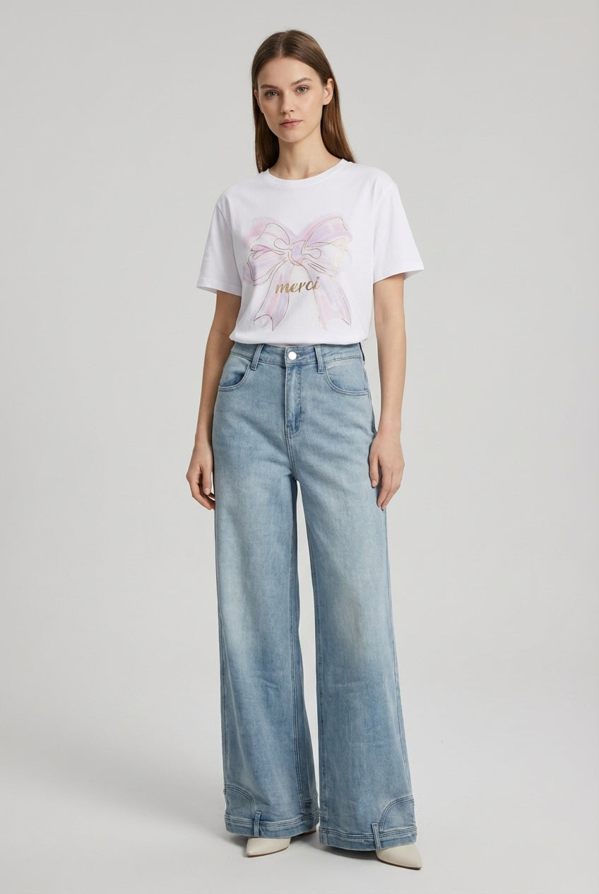 T-shirt "Merci" con Fiocco Artistico