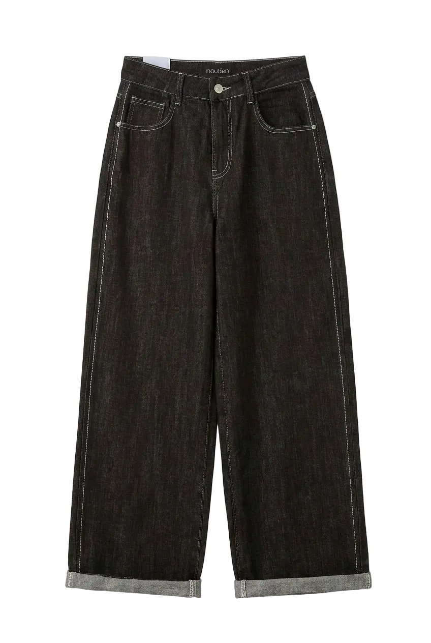 Jeans Wide-Leg Marroni con Cuciture a Contrasto