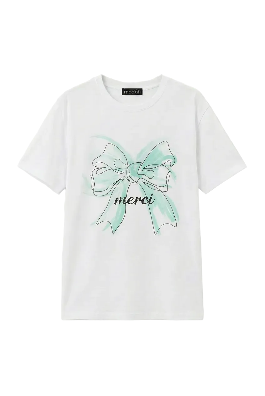T-shirt "Merci" con Fiocco Artistico