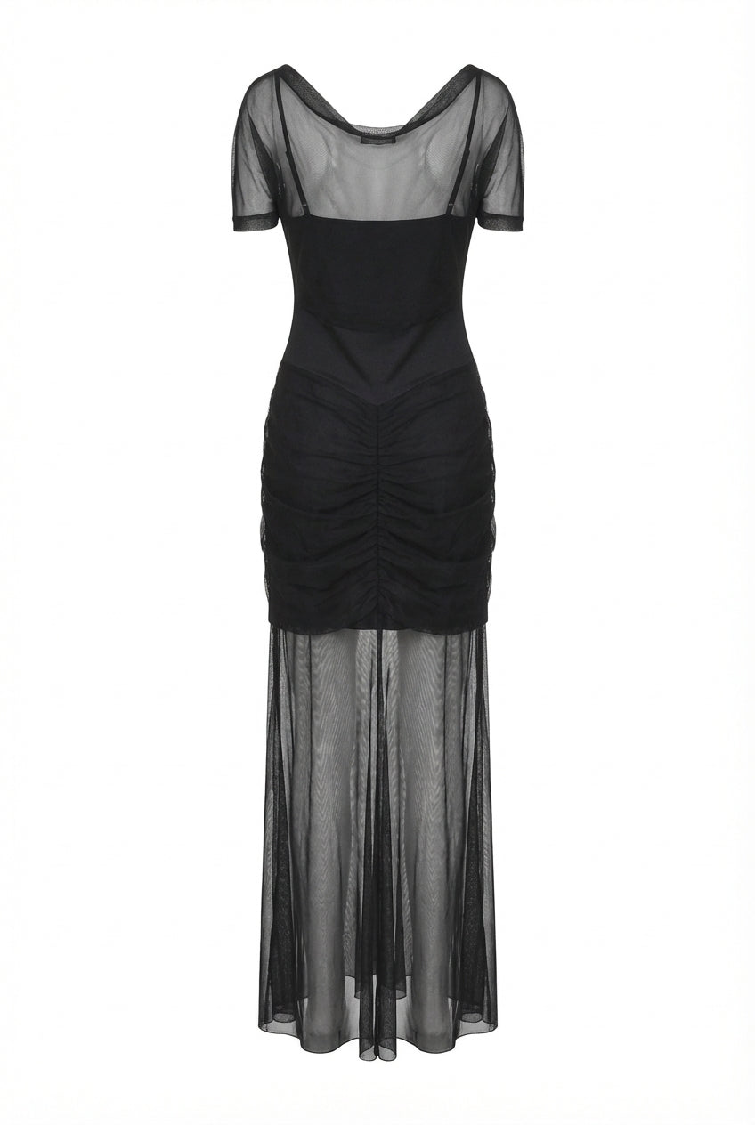 Abito in Tulle Drappeggiato con Spalle Velate