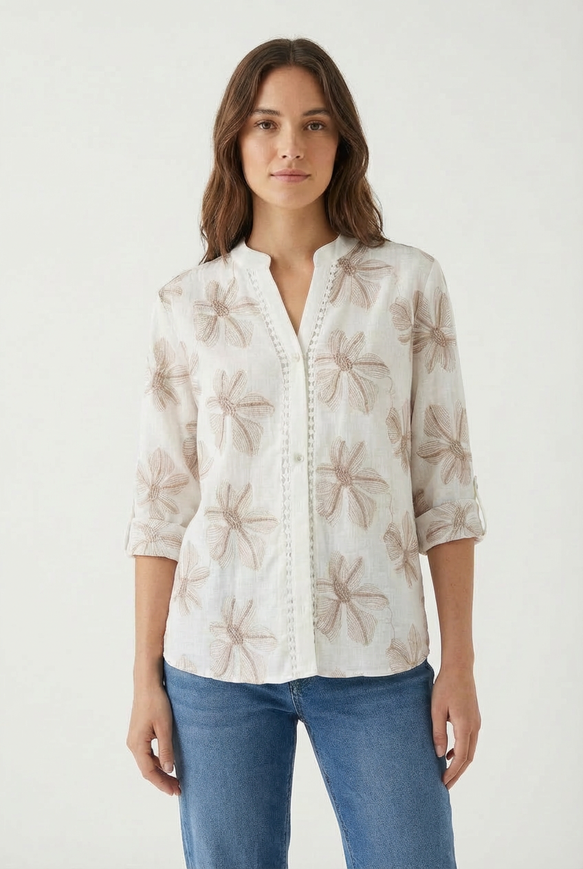 Camicia in cotone con ricami floreali