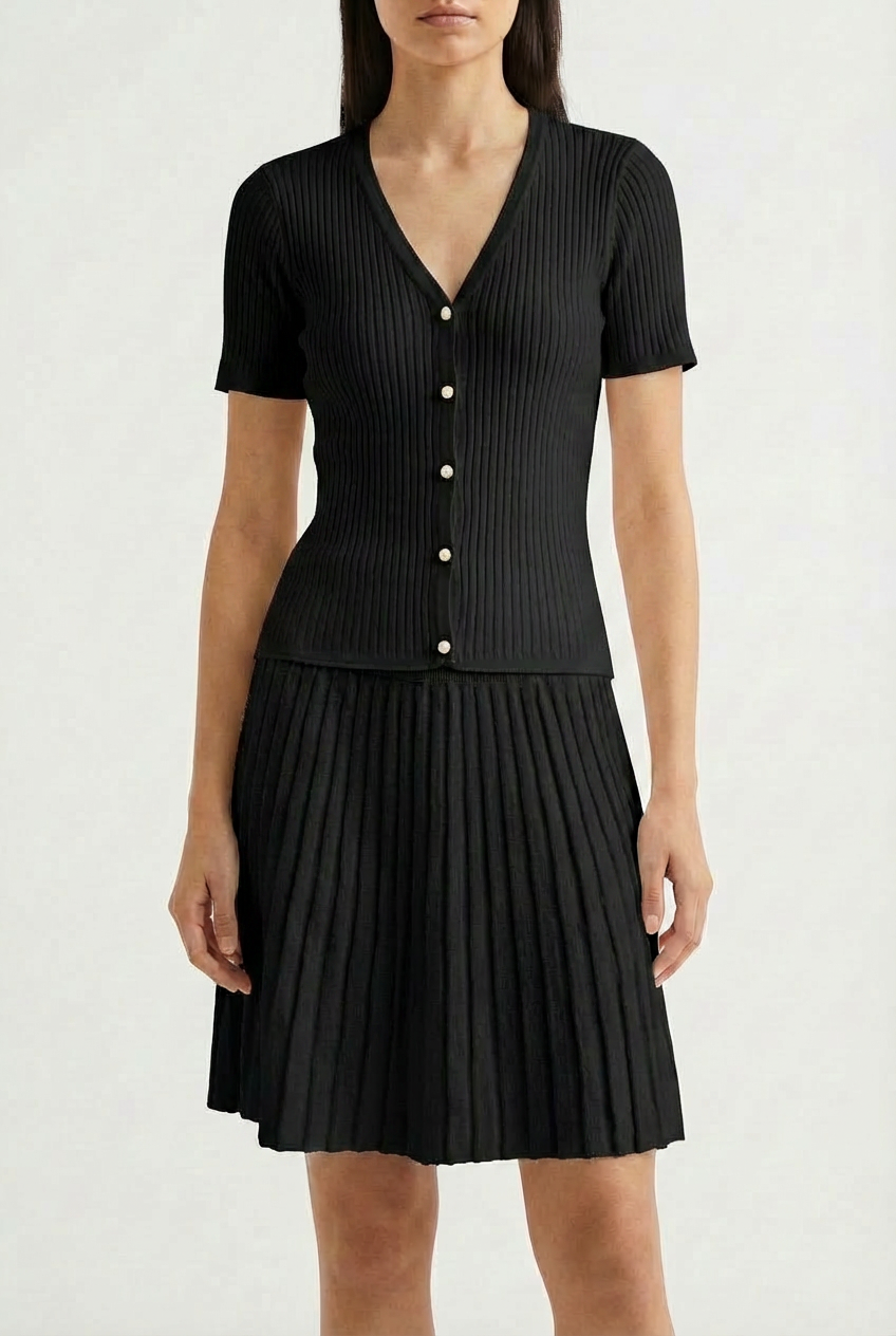 Cardigan a Costine con Scollo a V e Bottoni Perla