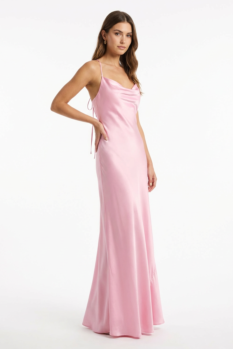 Abito Lungo Satin con Scollo Drappeggiato Rosa
