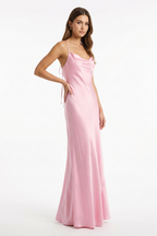 Abito Lungo Satin con Scollo Drappeggiato Rosa