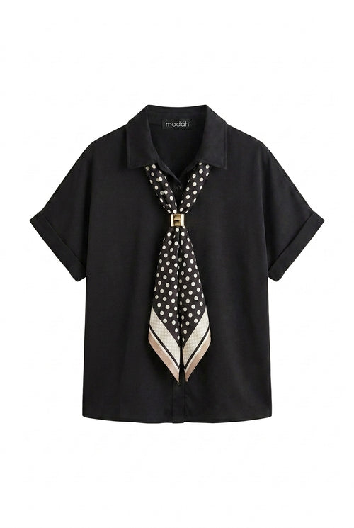 Blusa in Jersey con Foulard a Pois e Fermaglio Dorato