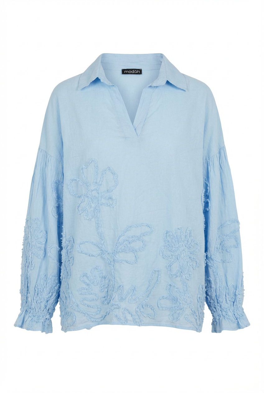 Blusa Relaxed Fit con Ricami Floreali in Rilievo