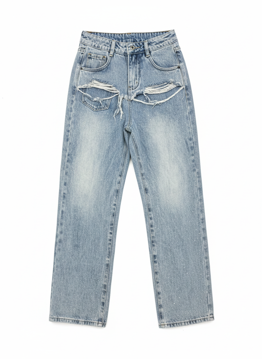 JEANS VITA ALTA CON STRAPPI E STRASS