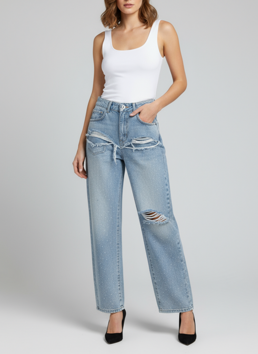 JEANS VITA ALTA CON STRAPPI E STRASS