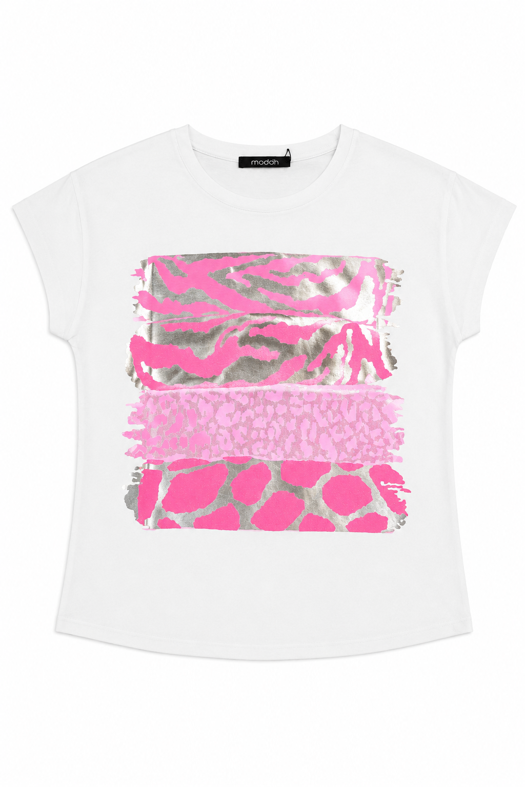 T-shirt con Mix di Stampe Animalier e Foil Argento