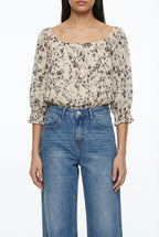 Blusa Arricciata a Fiori con Scollo a Barca