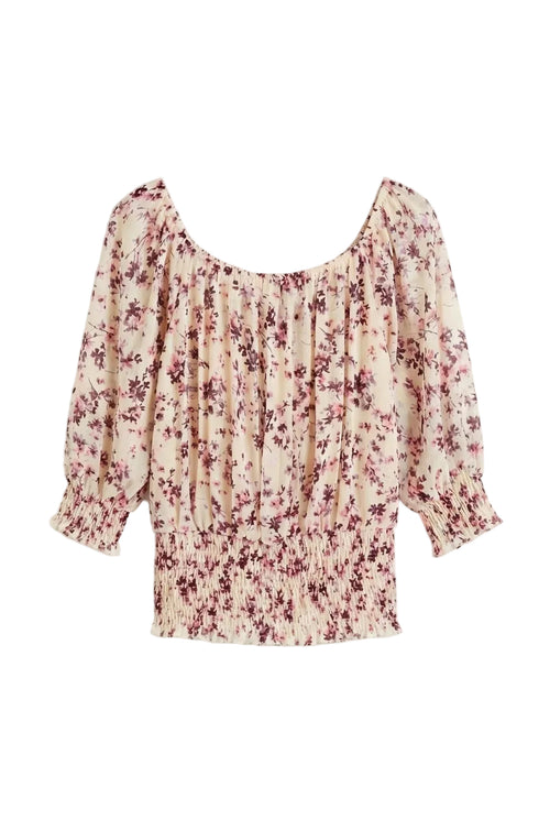 Blusa Arricciata a Fiori con Scollo a Barca