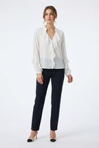 Blusa Bianca in Chiffon con Rouches e Dettagli Sfrangiati