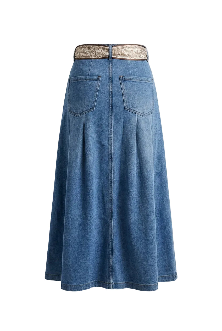 Gonna Midi in Denim a Ruota con Cintura Foulard Paisley