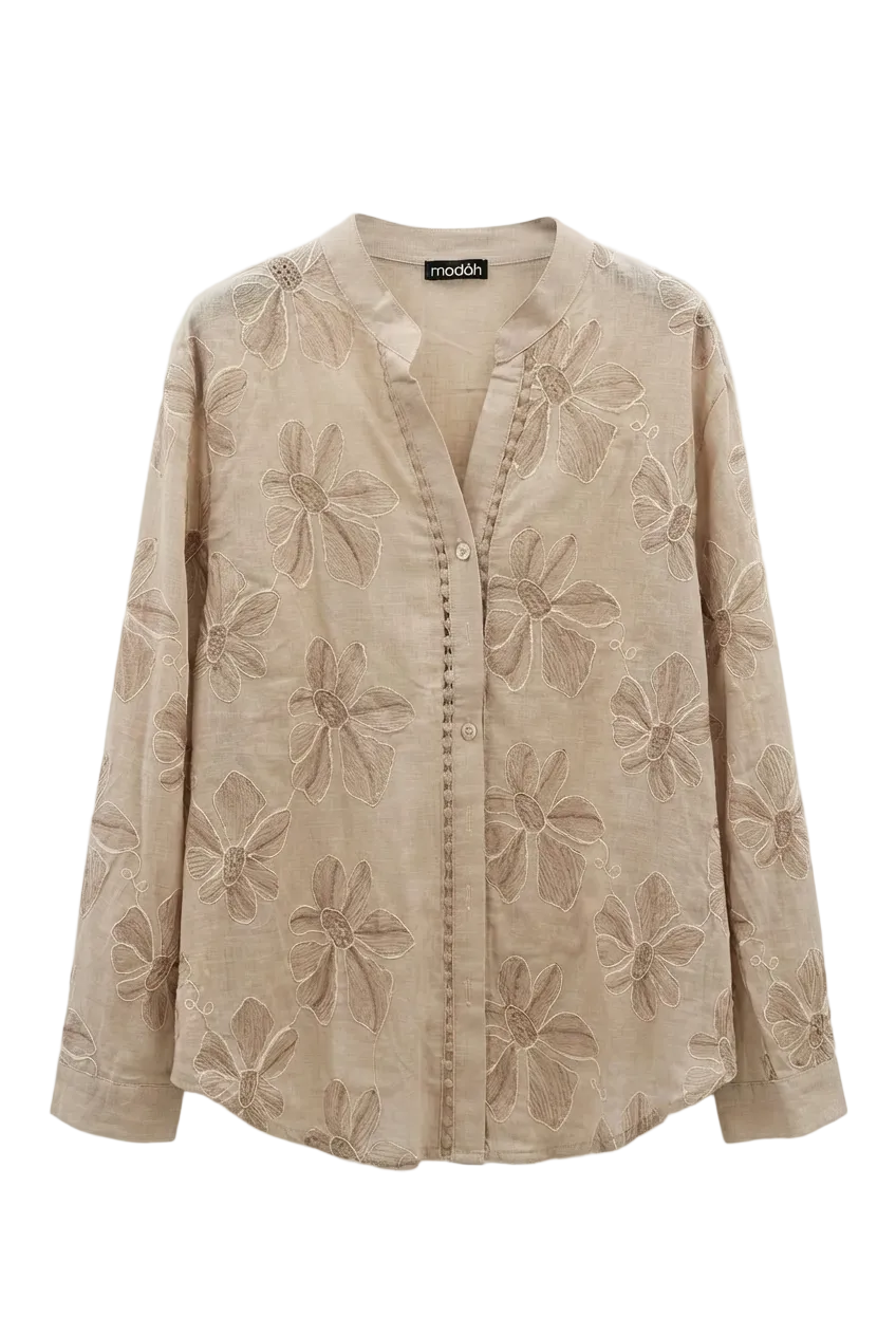 Camicia in cotone con ricami floreali