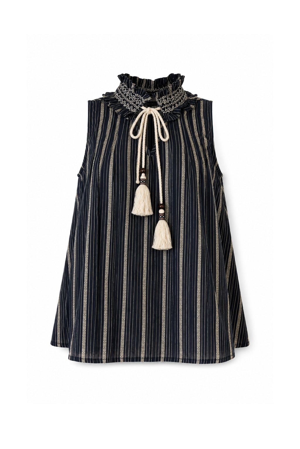 Top a Righe Misto Lino con Collo Arricciato
