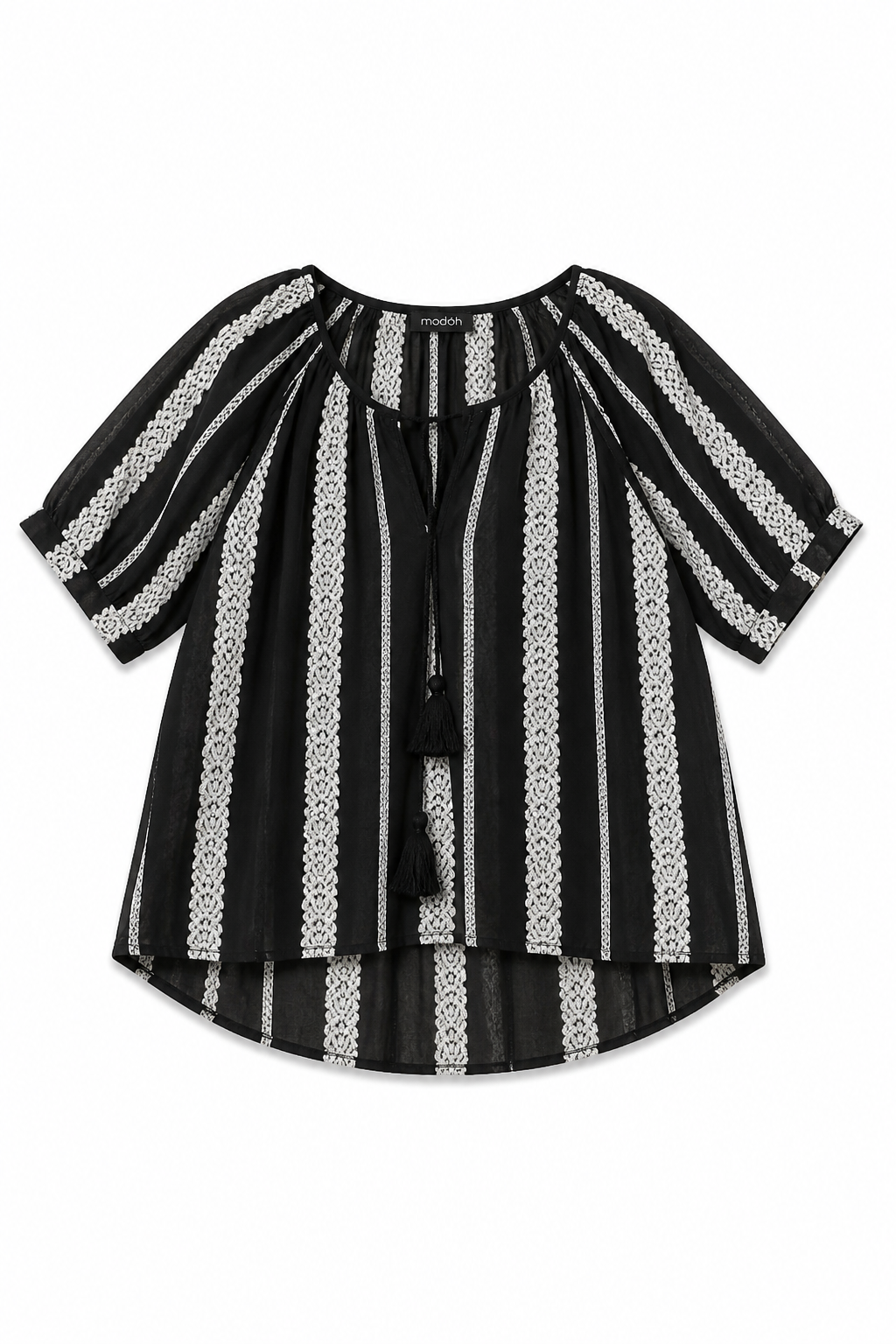 Blusa Boho-Chic a Righe e Ricami con Nappine
