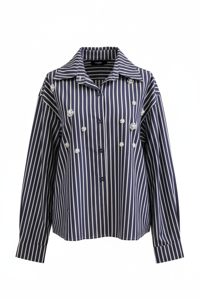 CAMICIA A RIGHE CROP CON APPLICAZIONI FLOREALI