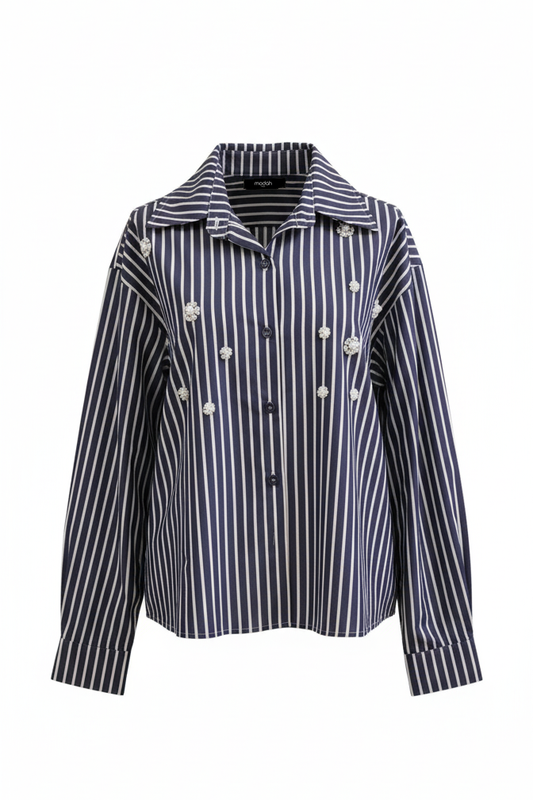 CAMICIA A RIGHE CROP CON APPLICAZIONI FLOREALI