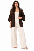 Cardigan Stile Kimono in Maglia Traforata Marrone