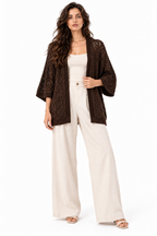 Cardigan Stile Kimono in Maglia Traforata Marrone