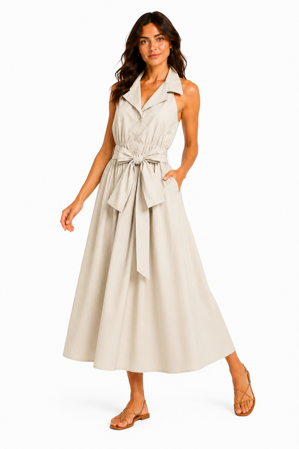 Abito Midi Halter con Colletto e Cintura