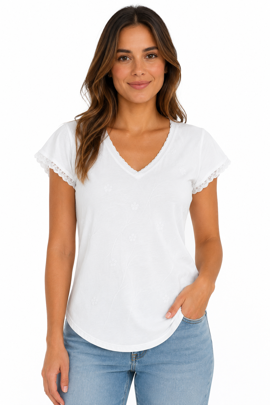 T-Shirt Scollo a V con Dettagli in Pizzo