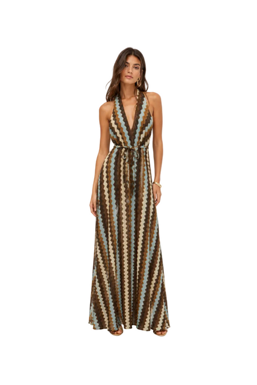 Abito Maxi Halter con Motivo Zigzag Rosso