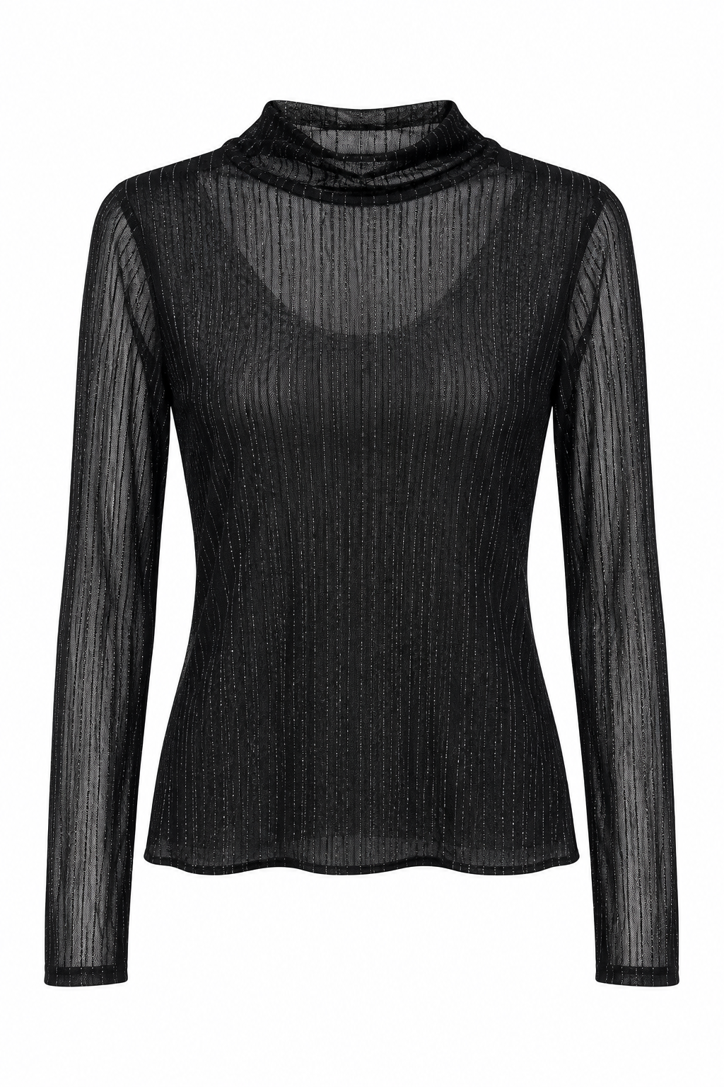 Top in Rete con Collo Alto e Glitter Nero