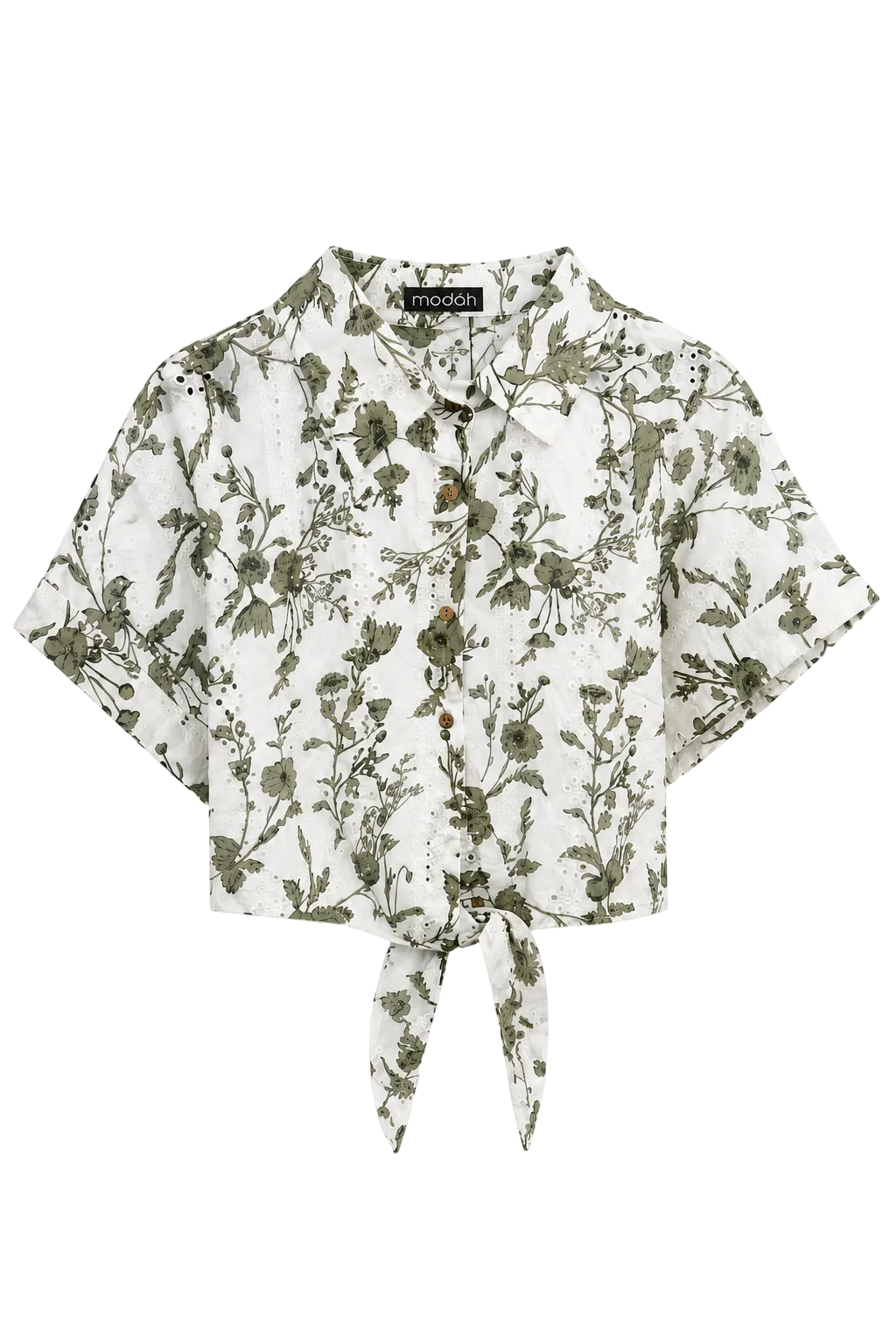 Camicia Crop in Sangallo con Stampa Botanica e Nodo