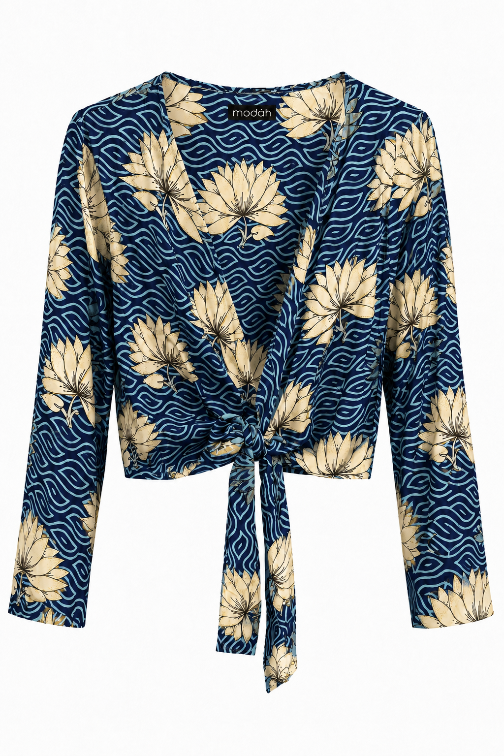 Top Crop Incrociato Giallo Senape a Fantasia Botanica Blu