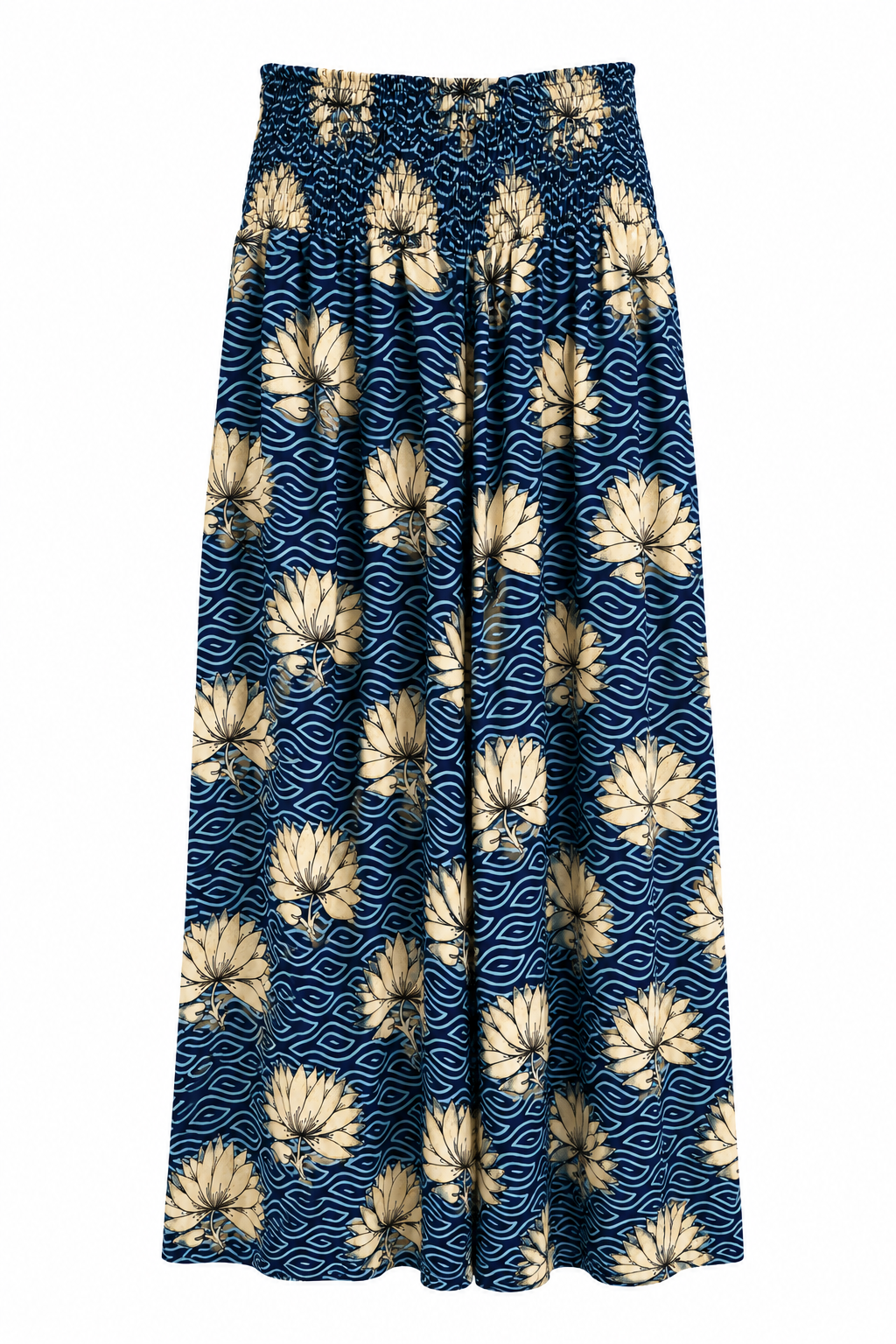 Pantalone Senape con Motivo Etnico e Fiori di Loto Blu