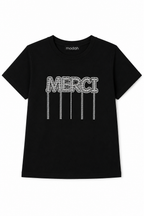 T-shirt Nera "MERCI" con Strass e Frange Pendenti