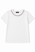 T-shirt Bianca in Cotone con Dettaglio Collana di Sfere Metalliche