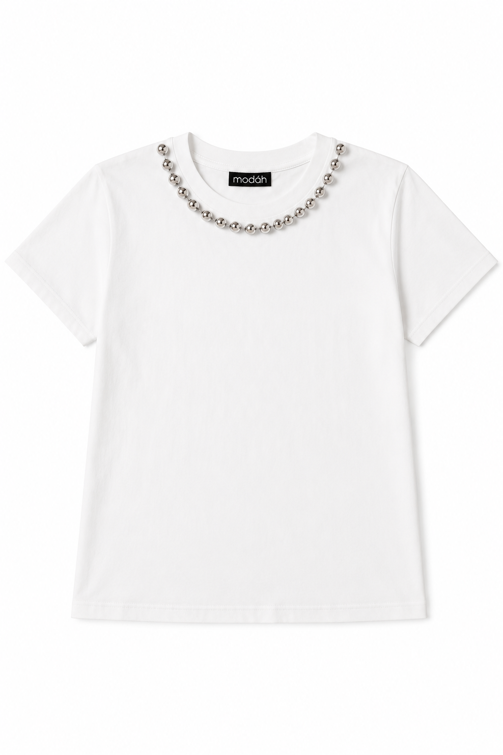 T-shirt Bianca in Cotone con Dettaglio Collana di Sfere Metalliche
