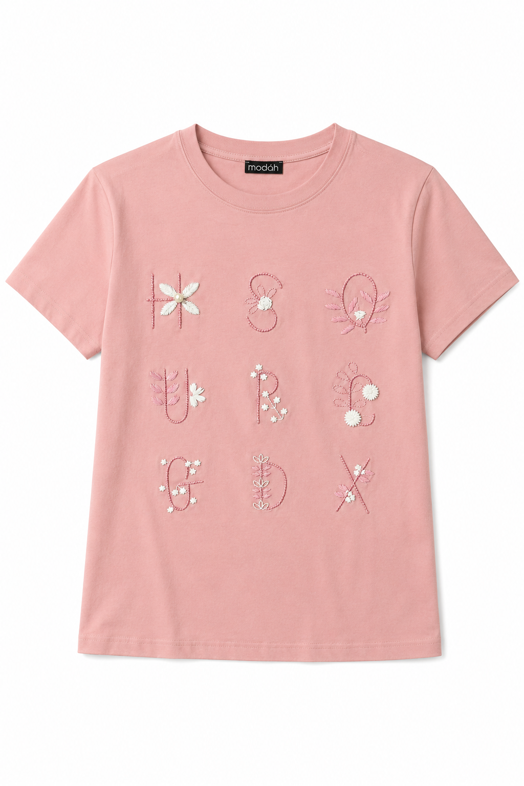 T-shirt Rosa Antico con Ricami Floreali