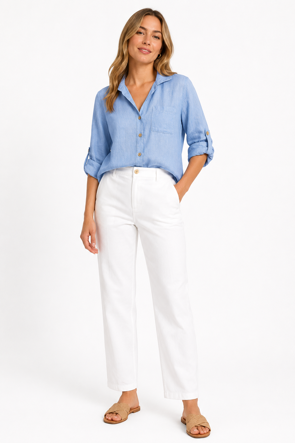 Camicia Crop in Lino con Manica Regolabile